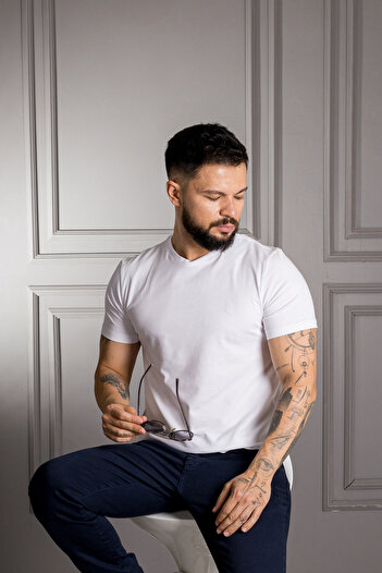 Sarar 0 Collar Regular Fit Cotton Basic White T-Shirt