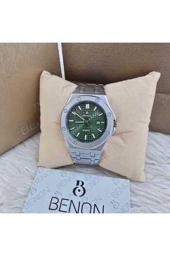 benon Men's stainless steel watch with a silver strap and a luxurious green dial