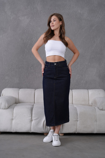 Dema Cotton High Waist Navy Blue Dark Washed Ankle Length Skirt