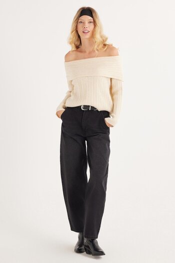 Tudors Women's Regular Fit Classic Cut Long Sleeve Off-The-Shoulder Cream Color Sweater