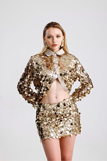 Sense Lined Sequin Detailed Evening Dress Sequin Mini Skirt |   Etk36397 Gold