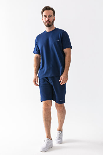 JB John Borners Jb Men's John Borners Printed 100% Cotton Shorts T-Shirt Suit Navy Blue - 25Y 7819