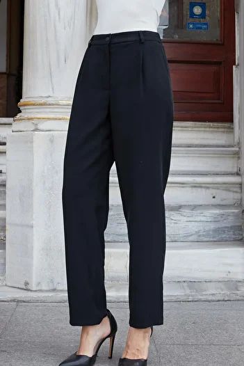 Jument Women's Silky Modal Fabric High Waist Side Pockets Pipe Leg Relaxed Fit Stylish Office Pants-Black