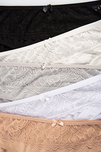 Happy Fox Cotton Luxury Lace Women's Panties Set of 5 – Lycra Normal Waist Daily Comfort Black-White