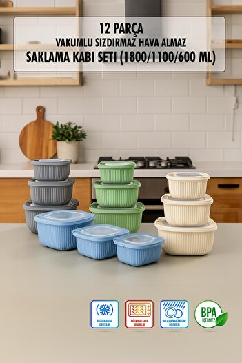 EWs Square 12 Piece Vacuum Sealed Airproof Storage Container Set Mixed 4X(1800/1100/600 ml)