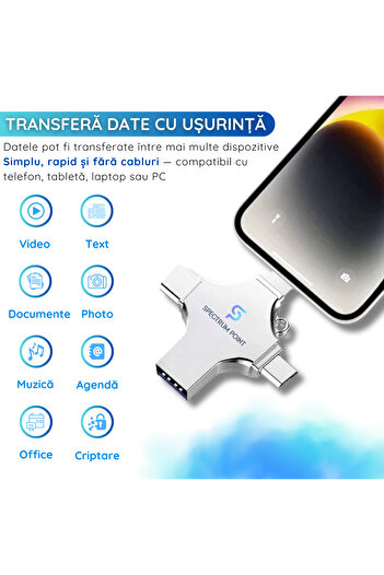 SpectrumPoint Stick USB 128 GB,4-in-1 USB 3.0+Type-C+MicroUSB+Lightning,Compatibil Android,iPhone,Laptop, Argintiu