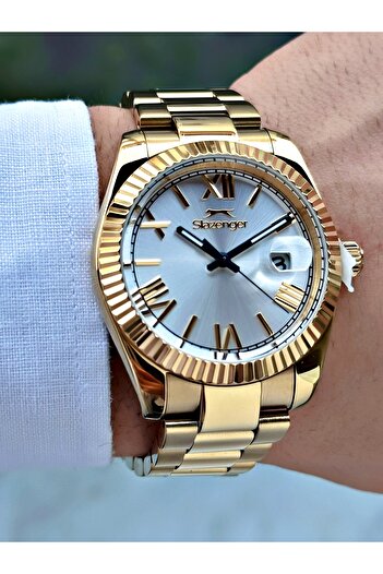 Slazenger Gold Color with Calendar 10 Atm Waterproofness Steel Cord Steel Case Men's Wrist Watch 2508.04Mr
