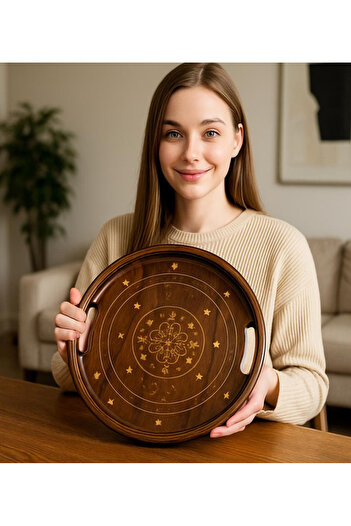 Your Choice AE Handcrafted Wooden Serving Tray – Round Decorative Tray with Brass Inlay