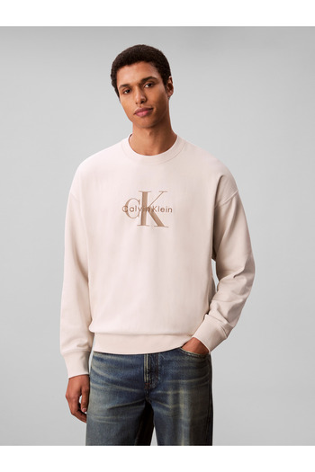 Calvin Klein Men Beige Monogram Crew Neck Pullover Sweatshirt