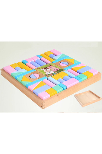 Ælements Set cuburi de constructie din lemn, contine puzzle 6 in 1 din lemn, culori pastel, 70 piese