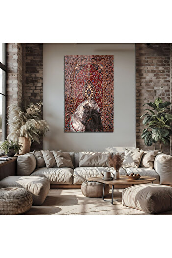 BestSanat Beyaz ve Siyah At Oryantal Halı Desenli Cam Tablo