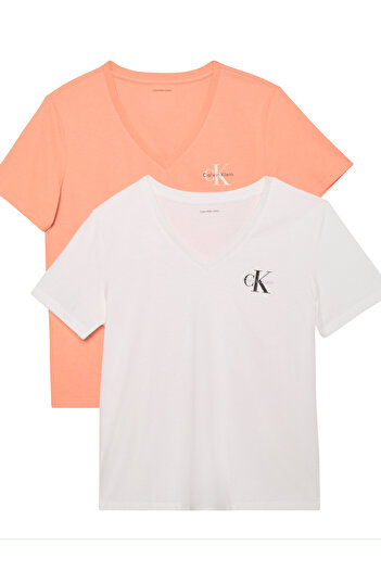 Calvin Klein Women White/Coral Pack of 2 Logo V-Neck T-Shirt