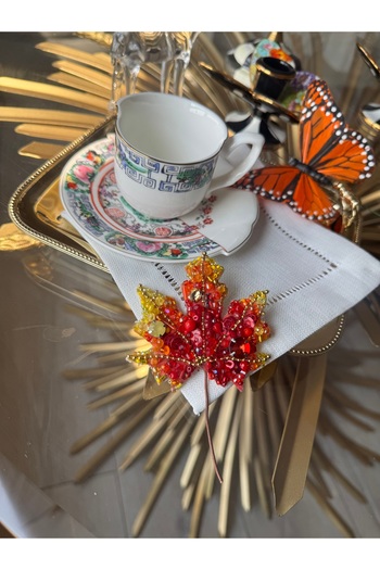 Hatice sakallı design 1 Autumn Leaf Embroidered Stone Coffee Side Presentation Napkin