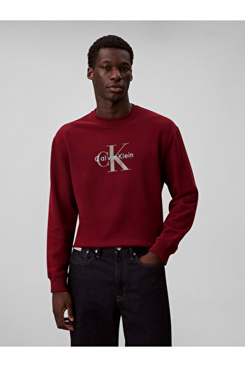 Calvin Klein Men Red Monogram Crew Neck Pullover Sweatshirt