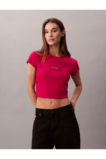 Calvin Klein Women Petunia Pink Monogram Logo Crew Neck Baby Tee