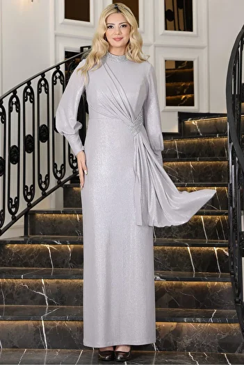 modapodyum Azalea Hijab Evening Dress Gray