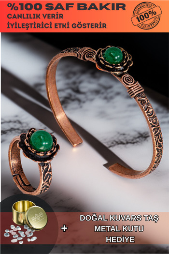 OSMANLI GÜMÜŞ Women's Copper Bracelet Ring Set - Green Agate Stone Tree Bark Model Thin Metal Box Quartz Stone