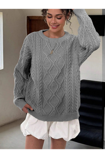 AQE FASHION Women's Comfortable Fit Hair Knitted Patterned Crew Neck Casual Winter Light Gray Knitwear Sweater