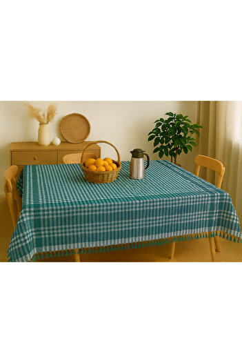 Bonny Home Fringed Piti Checkered Tablecloth 150X150 cm – Multi-Purpose Cover for Tableware & Picnic