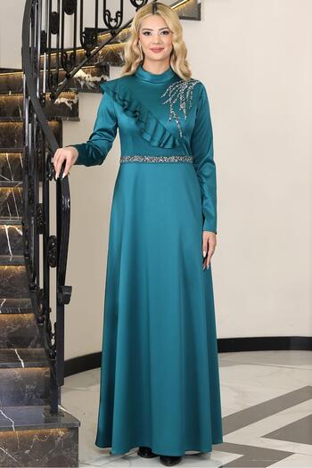 modapodyum Ada Satin Hijab Evening Dress Green