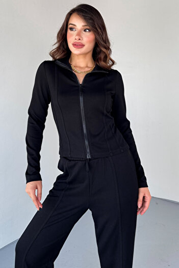 Cappmoda Tkm-2580 Black Zippered Stand Collar Sport Suit with Stitching Detail