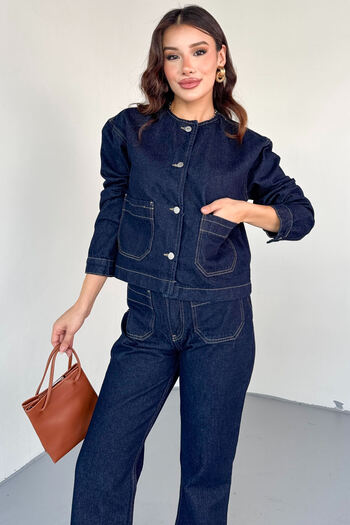 Cappmoda Tkm-13330 Navy Blue Round Neck Pocket Denim Jacket & High Waist Straight Leg Pants Set