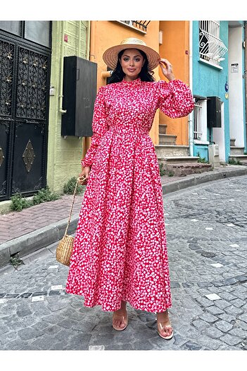 KÜÇÜĞÜM BUTİK Hijab Red Daisy Poplin Flared Dress