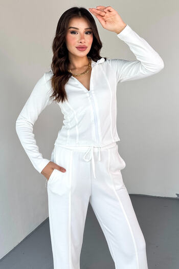 Cappmoda Tkm-2580 White Zippered Stand Collar Sport Suit with Stitching Detail