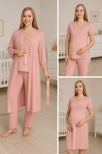 Miss Dünya Lissa Maternity and Maternity Pajama Set with Powder Lace Detail and Morning Dress Suitable for Breastfeeding
