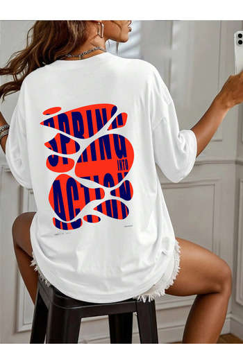 LYZARO "Spring Action" Printed Unisex White Oversize Crew Neck Comfortable T-Shirt