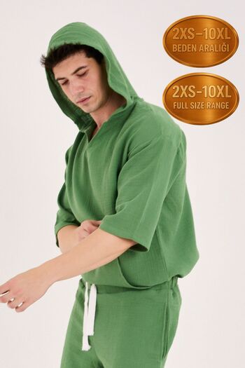 RELAXL 100% Cotton Poor Sleeve Oversize Muslin Hoodie Green between 2Xs-10Xl