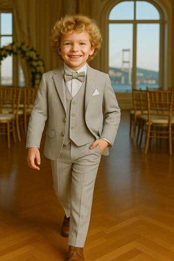 inowesta Boys Jacket Shirt Vest Pants 4Pcs Striped Suit with Bow Tie