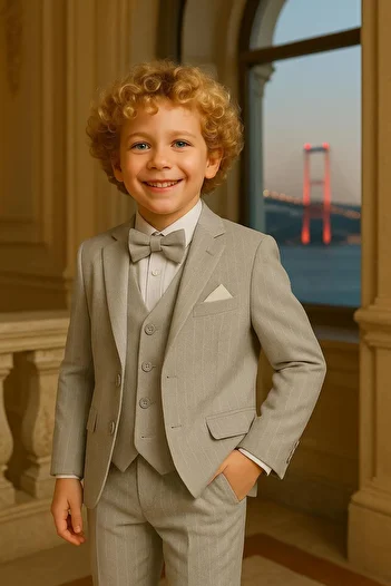 inowesta Boys Jacket Shirt Vest Pants 4Pcs Striped Suit with Bow Tie