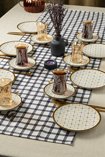clasavm 18 Piece Royal Grid Tea Set |   Cake Set - 6 Gold Tea Cups, 6 Tea Plates, 6 Cake Plates