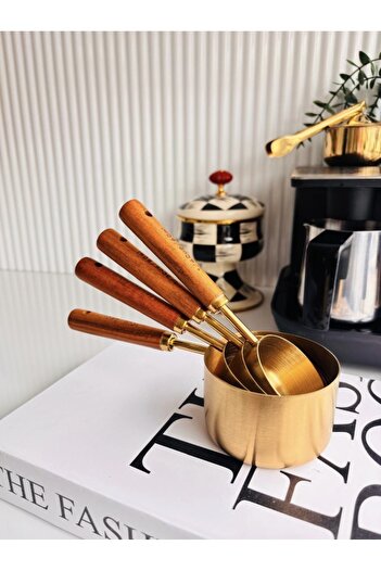 Online Home Market Set of 4 Steel Authentic Wooden Handle Measuring Spoons Measuring Cup Gold Color 60ml 80ml 125ml 250ml
