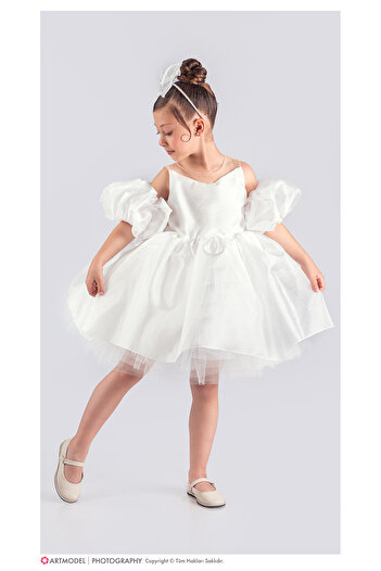 ABİYEKİDS White Girl's Style Evening Dress with Balloon Sleeves Aby158