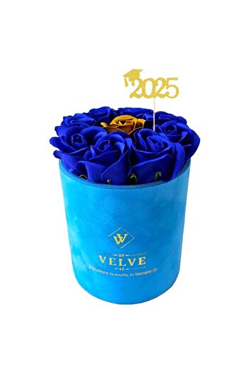 velve Aranjament floral Velvet, 9 trandafiri de sapun, in cutie albastra de catifea, Albastru indigo/Auriu