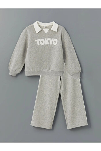 LC Waikiki Lcw Kidsgray Shirt Collar Tokyo Embroidered Girl's Thick Tracksuit Suit
