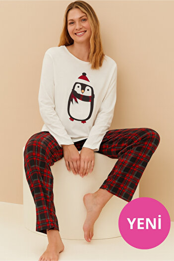 DOFİ Kadın Baskılı Beyaz Ekose Desenli Pijama Takımı - Kardan Adam Baskılı
