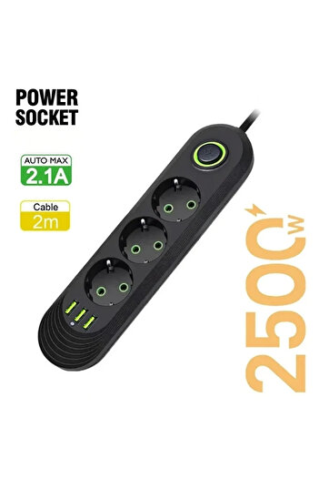 Choice EU Plug Black 3 Ports 2M Cable EU Plug Socket Network Filter Round Pin AC Outlet Electrical Charge A