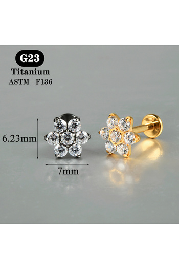 Choice5 Gold Color Style 2 1PC ASTM F136 Titanium Zircon Flat Back Earring Flower Ear Studs Lobe Helix Tragu