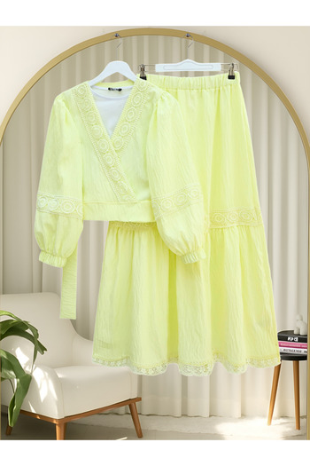 Modamorfo Lace Detailed Tie-Up Sleeve Elastic Waist Skirt Suit - Light Yellow