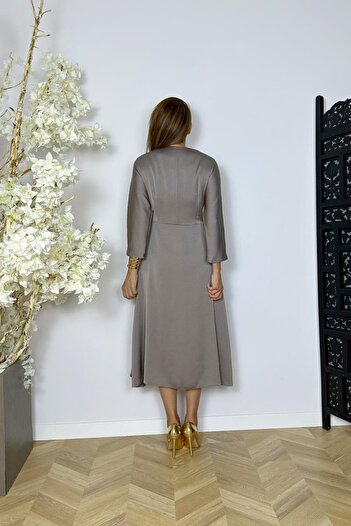 gesmoda G1515 V Neck Satin Designer Dress Mink