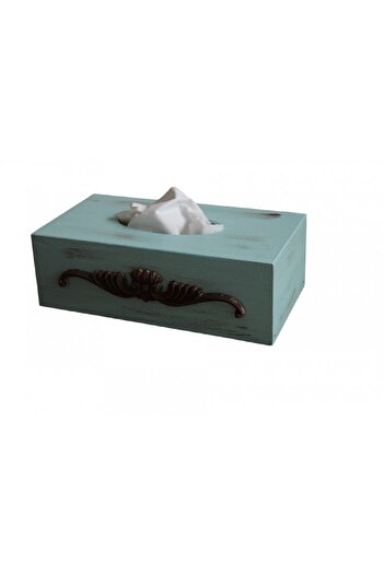 Decoratiuni Vintage Casa Retro Cutie din lemn pentru servetele si ornament sculptat de lemn, pictate manual, albastru deschis