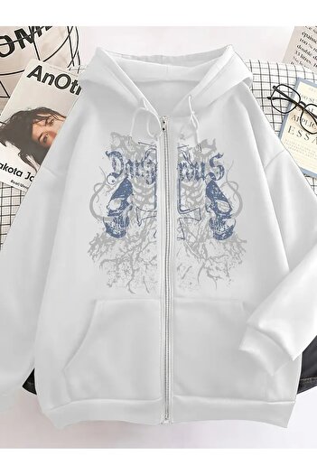 Touz Moda Gothic Printed Oversize Zippered White Unisex Hooded Cardigan