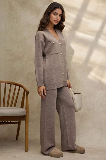 Hiccup V-Neck Cardigan & High Waist Wide Leg Pants Knitwear Set