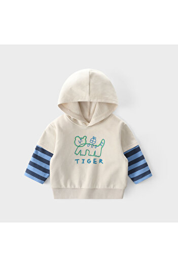 Generic Boys Playful Striped Hoodie Sweatshirt, Cartoon Print Kids Top Beige 90 (2-3 Years)