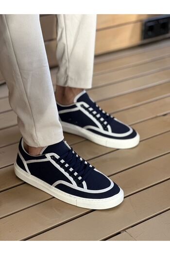 pabucmarketi Linen Lace-Up Men's Casual Shoes Navy Blue White