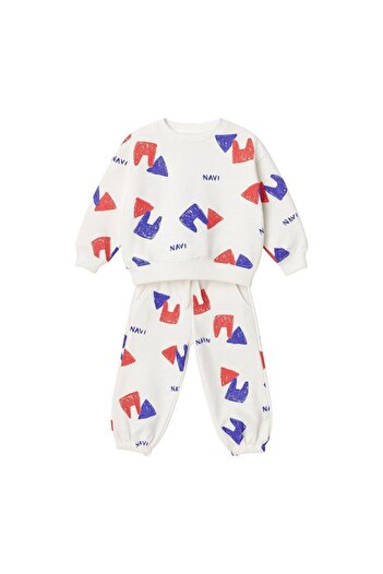 Magu Unisex Kids Cotton White Color Patterned Sweatshirt and Sweatpants Set – Red Blue Navi Printed