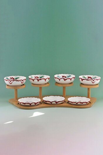 Bursa Porselen Dekor Winterberry Wooden Stand 7-Piece Appetizer Set / Snack Bowl